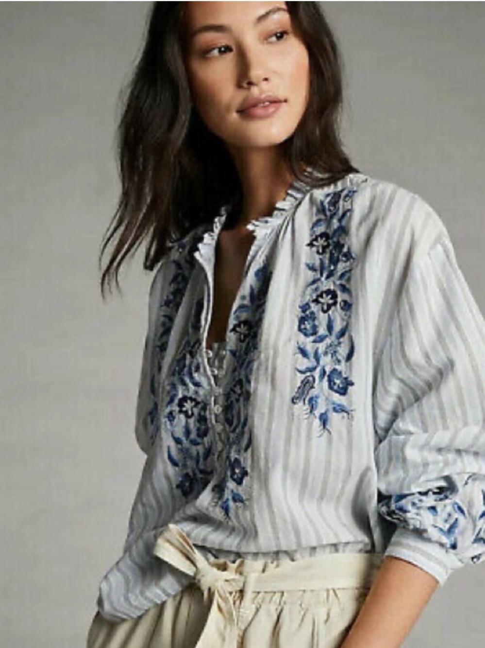 Anthropologie Pilcro The Tavi Blue Motif Blouse embroidery stripe boho cotton XL